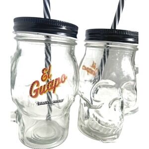 Vtg El Guapo Three Amigos Skull‎ Glass Mason Jar Mugs Handles & Straws Cosumel